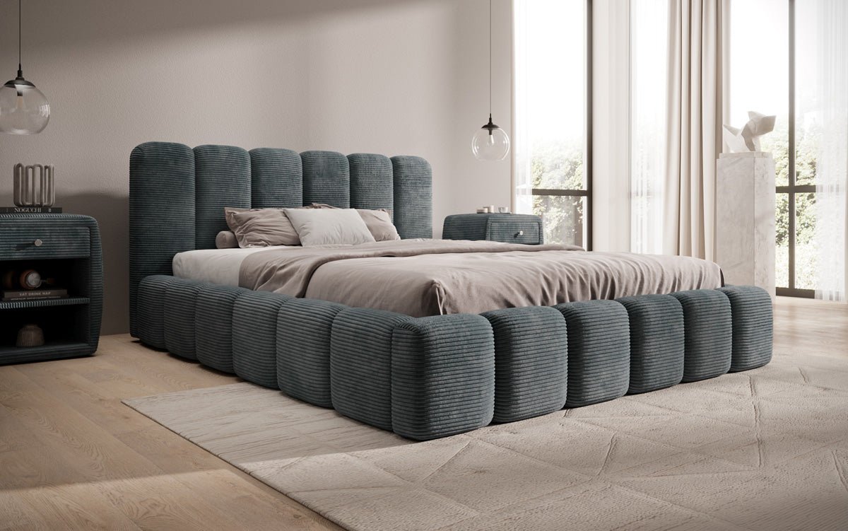 Designer upholstered bed Tevara in corduroy with storage space