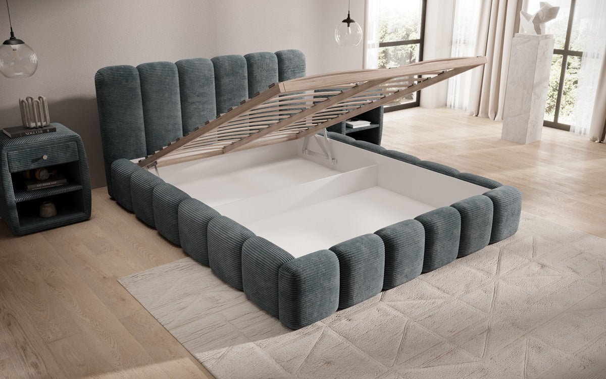 Designer upholstered bed Tevara in corduroy with storage space