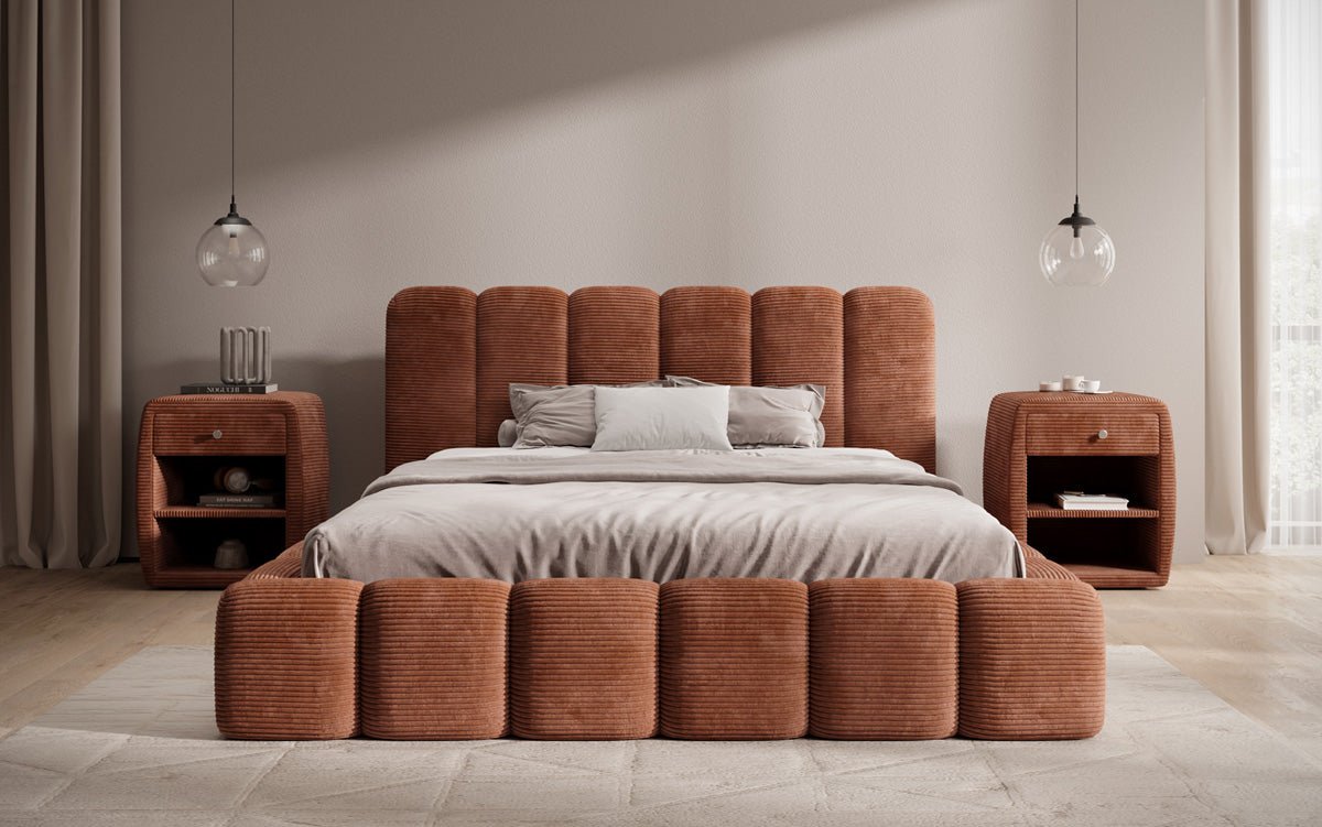 Designer upholstered bed Tevara in corduroy with storage space