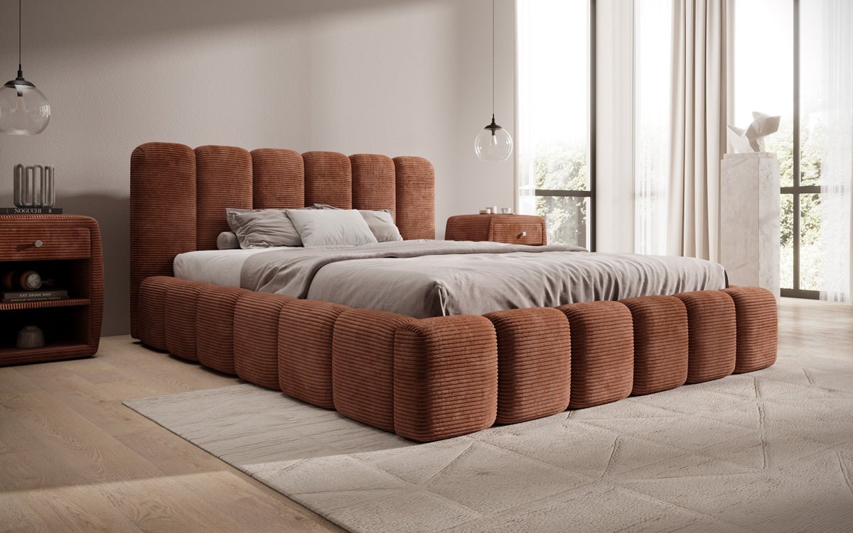 Designer upholstered bed Tevara in corduroy with storage space