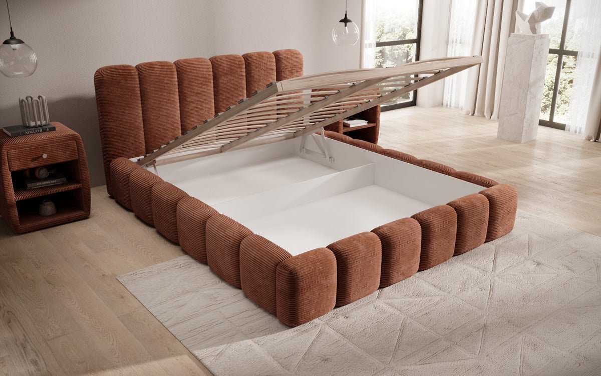 Designer upholstered bed Tevara in corduroy with storage space