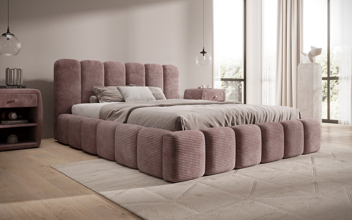 Designer upholstered bed Tevara in corduroy with storage space