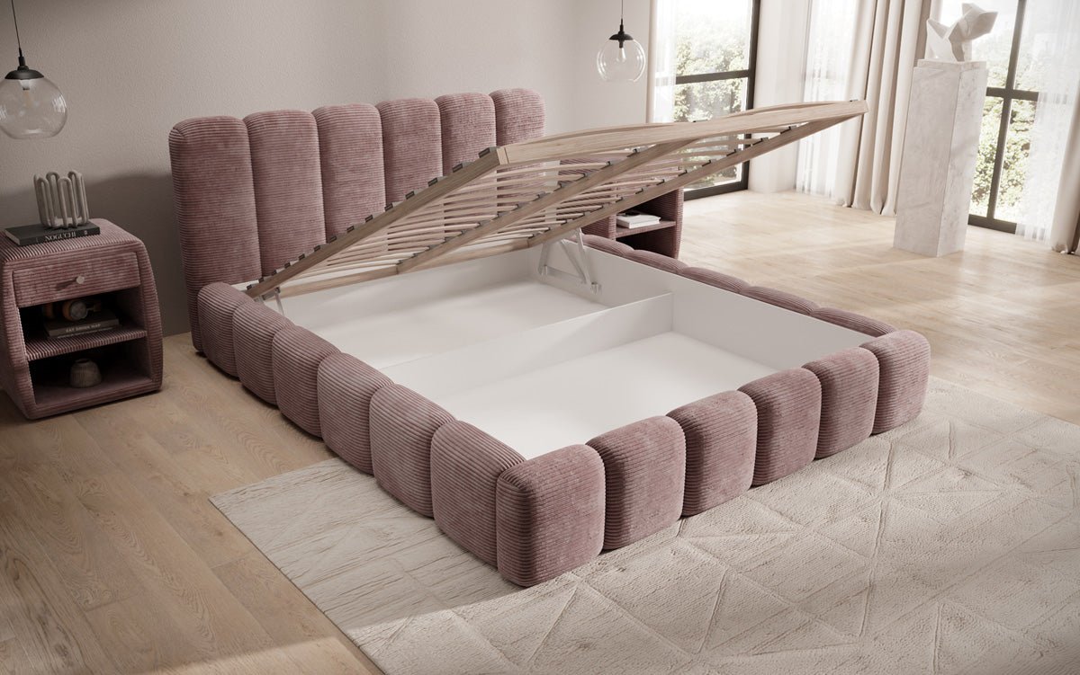 Designer upholstered bed Tevara in corduroy with storage space