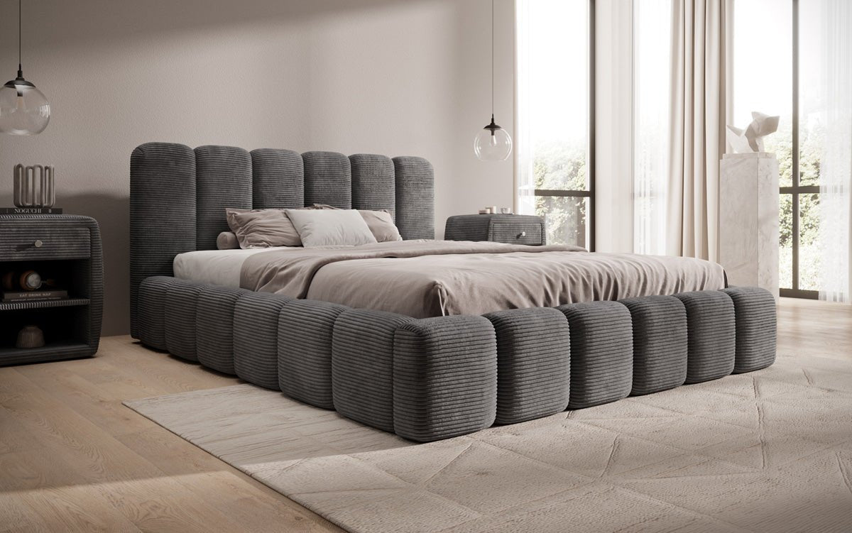Designer upholstered bed Tevara in corduroy with storage space