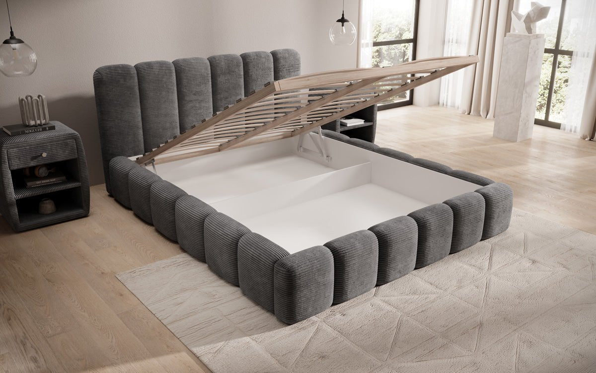 Designer upholstered bed Tevara in corduroy with storage space