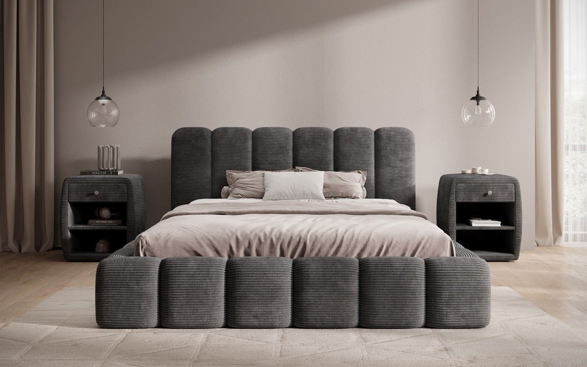 Designer upholstered bed Tevara in corduroy with storage space