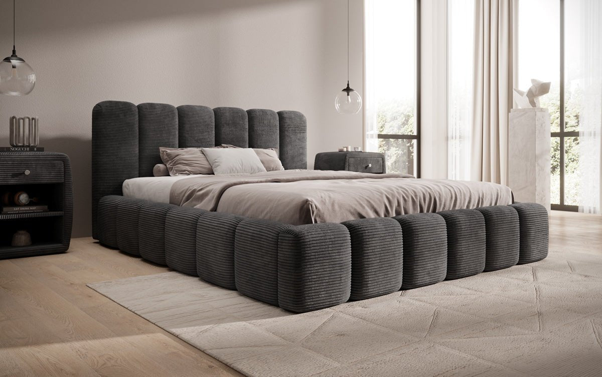 Designer upholstered bed Tevara in corduroy with storage space