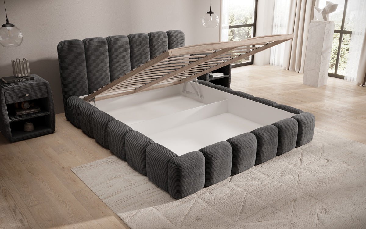 Designer upholstered bed Tevara in corduroy with storage space
