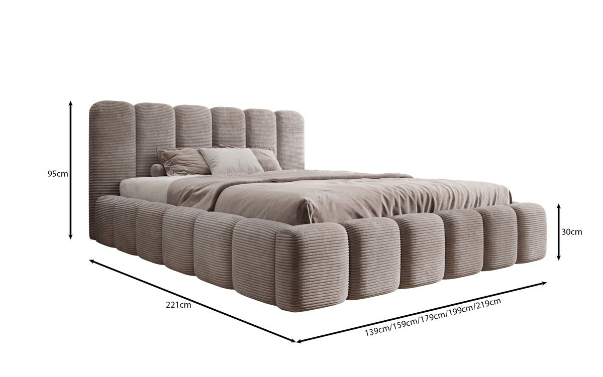 Designer upholstered bed Tevara in corduroy with storage space