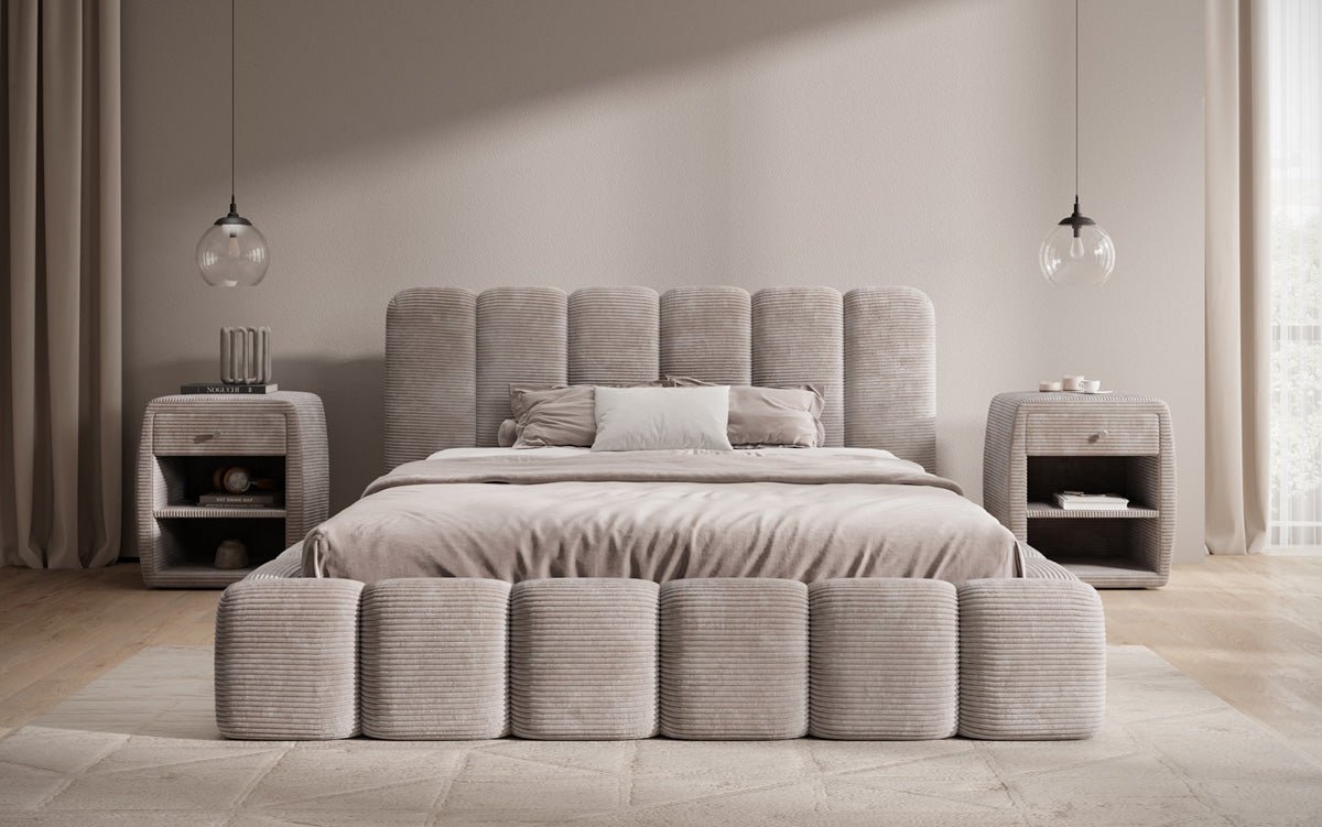Designer upholstered bed Tevara in corduroy with storage space