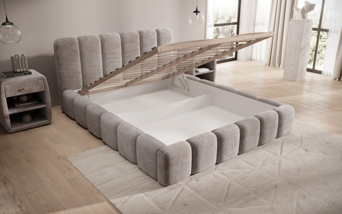 Designer upholstered bed Tevara in corduroy with storage space
