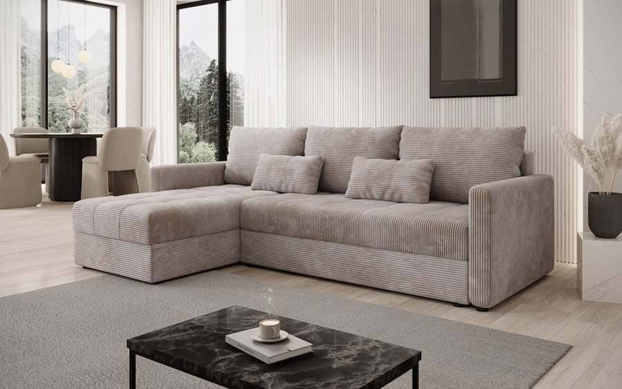 Designer Ecksofa Roma in Cord mit Schlaf- und Klappfunktion