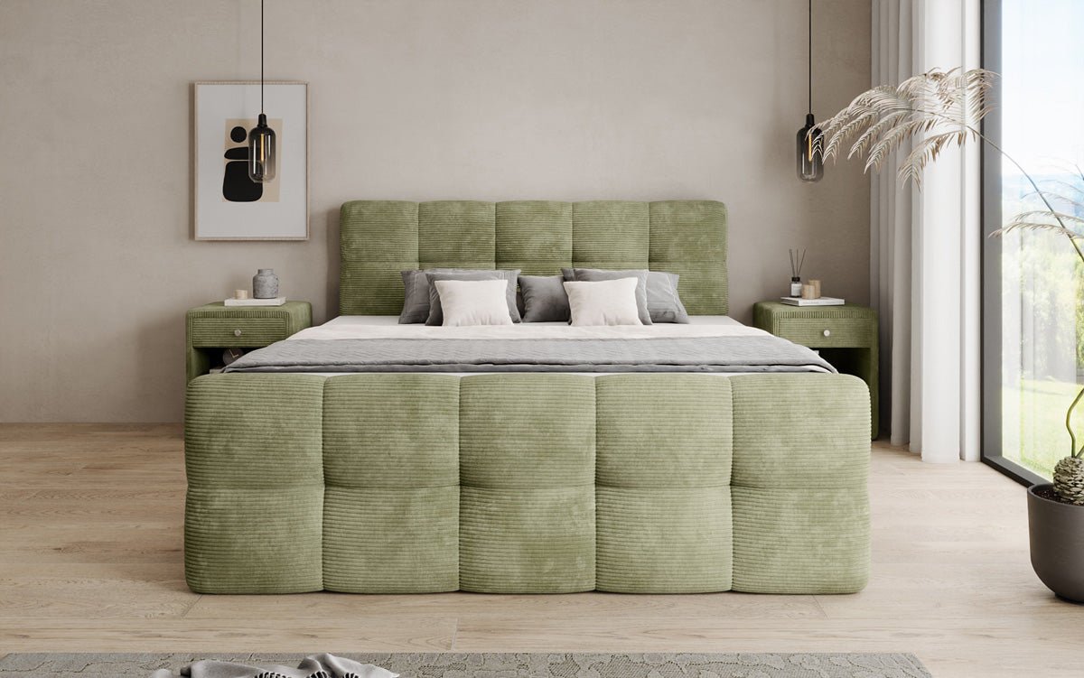 Cozy box spring bed in Corduroy with storage