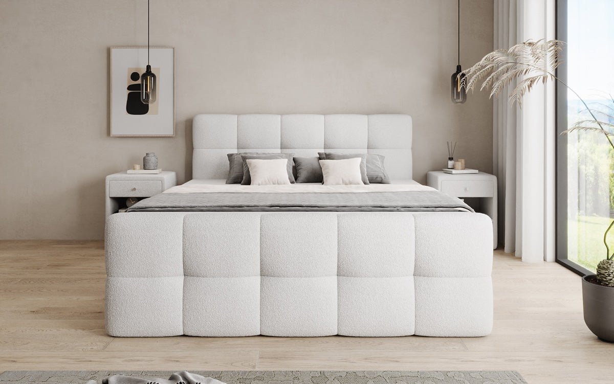 Box spring bed Cozy in teddy boucle with storage space