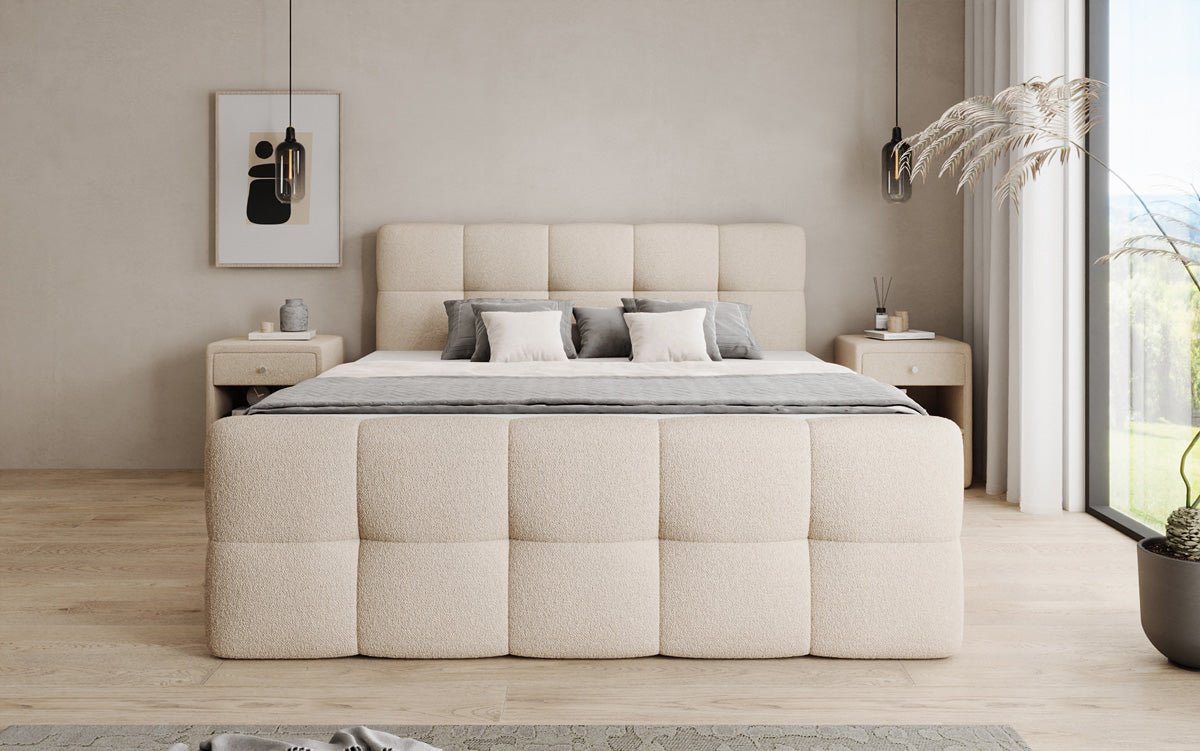 Box spring bed Cozy in teddy boucle with storage space