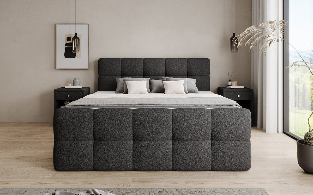 Box spring bed Cozy in teddy boucle with storage space