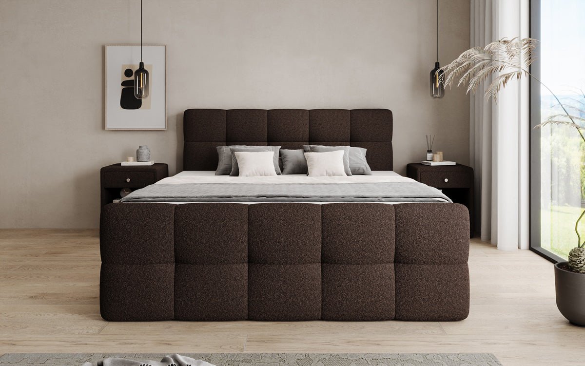 Box spring bed Cozy in teddy boucle with storage space