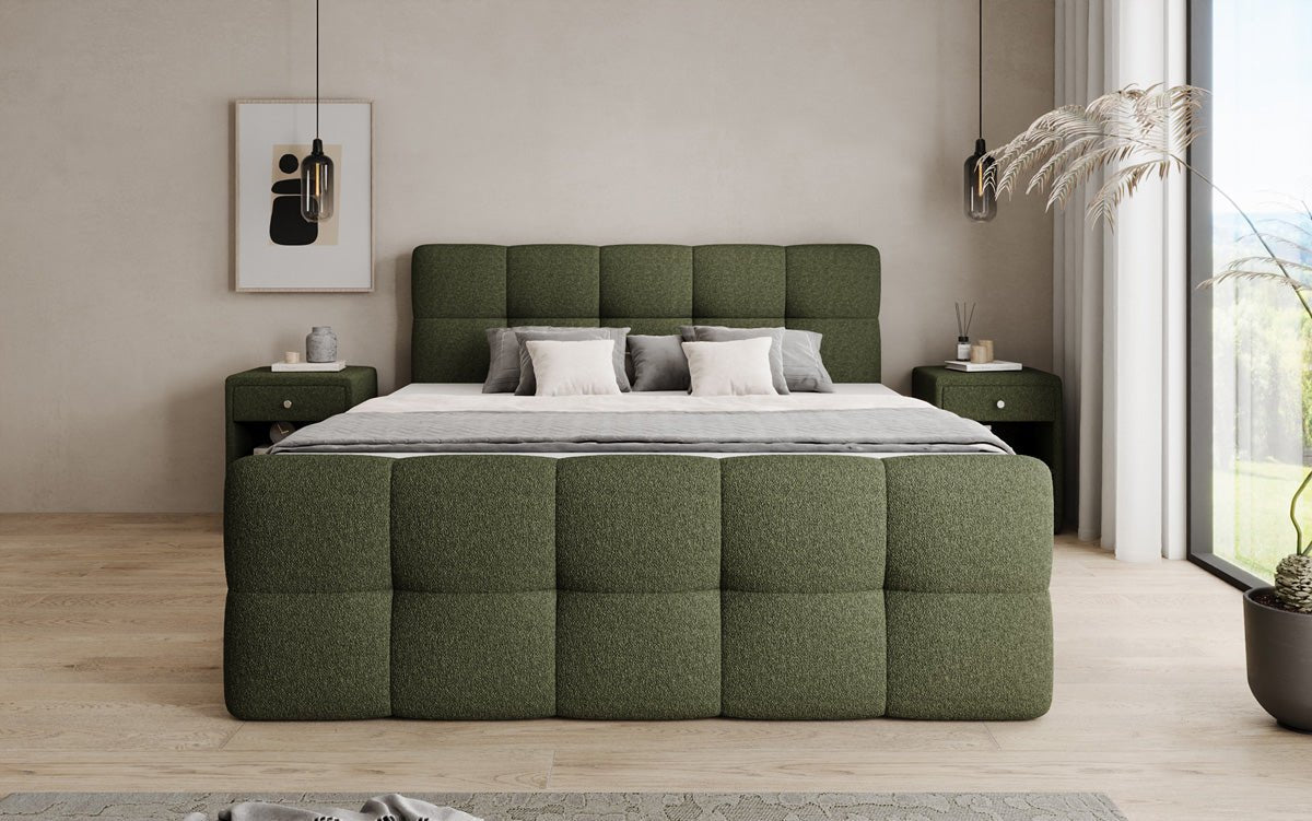 Box spring bed Cozy in teddy boucle with storage space