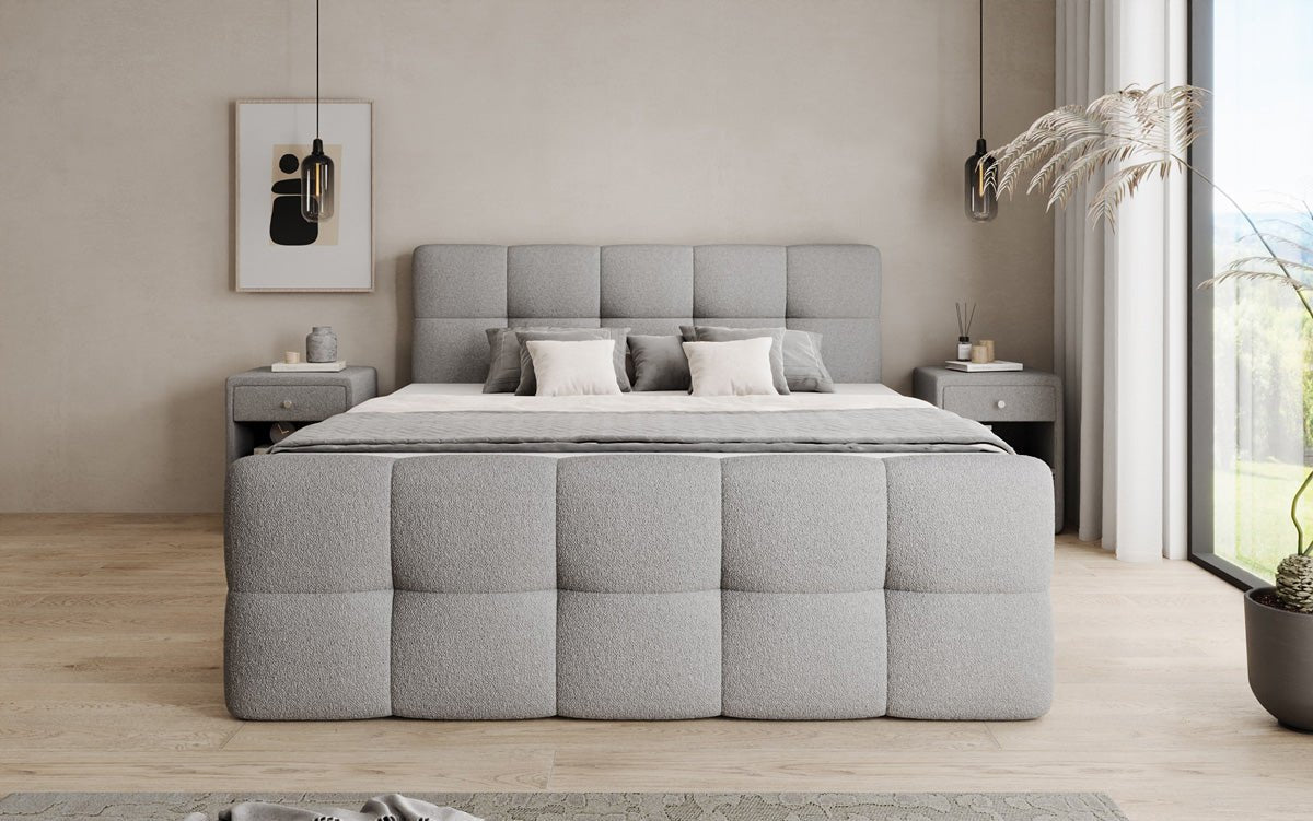 Box spring bed Cozy in teddy boucle with storage space