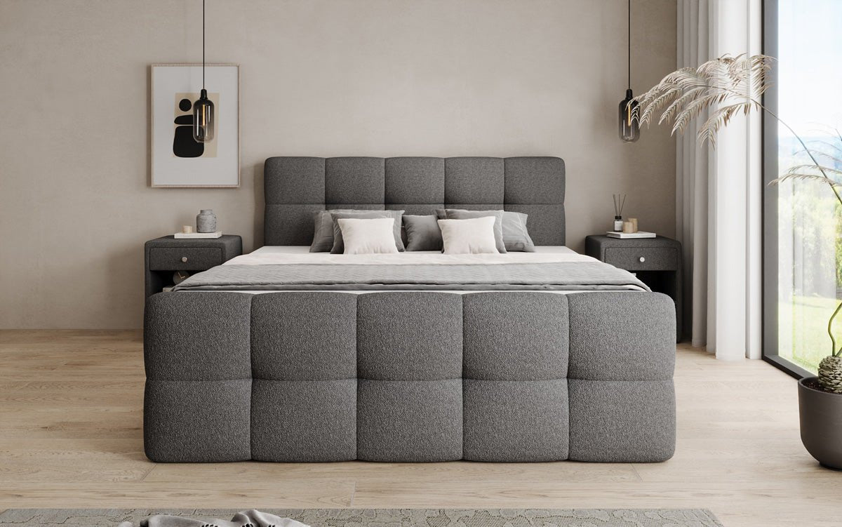 Box spring bed Cozy in teddy boucle with storage space