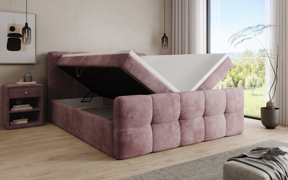 Cozy box spring bed in Corduroy with storage