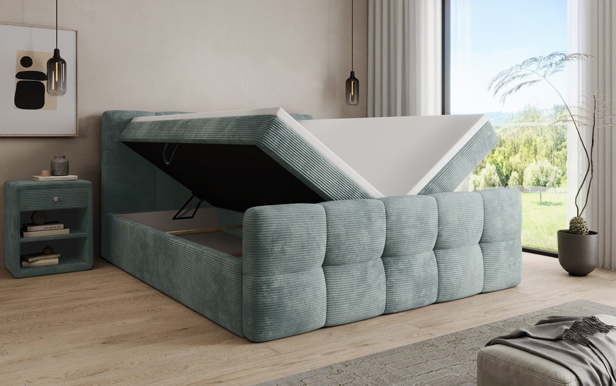Cozy box spring bed in Corduroy with storage