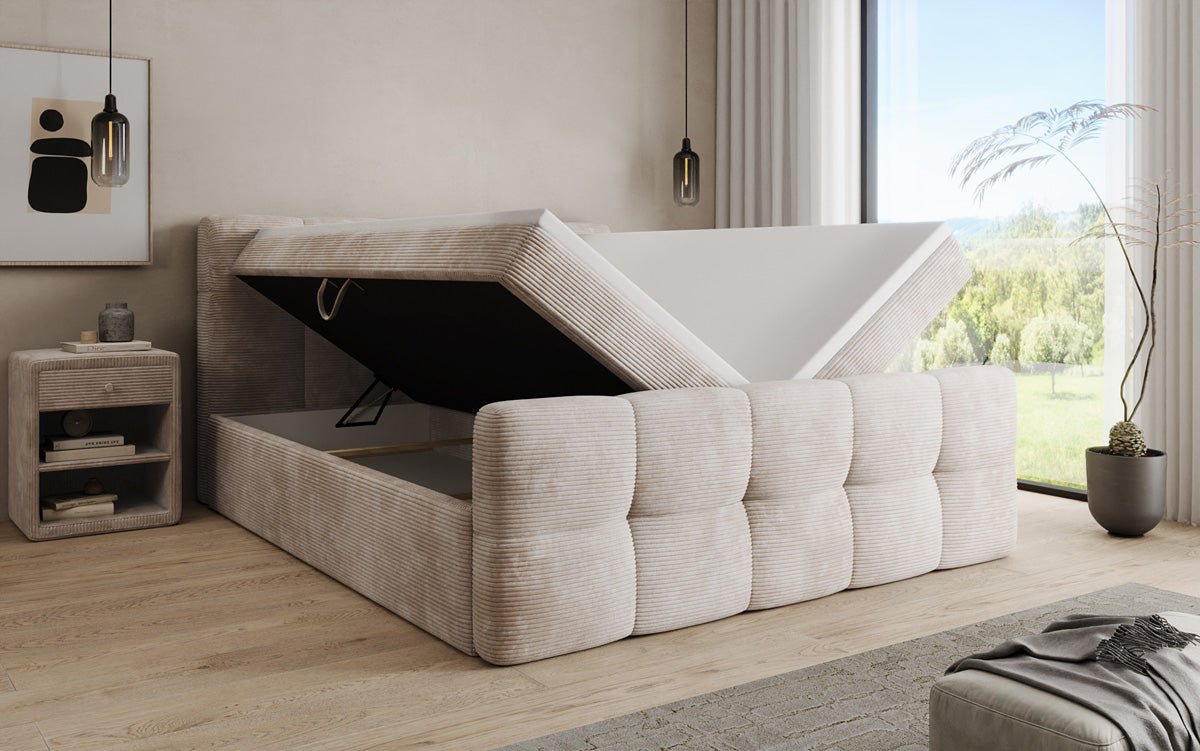 Cozy box spring bed in Corduroy with storage