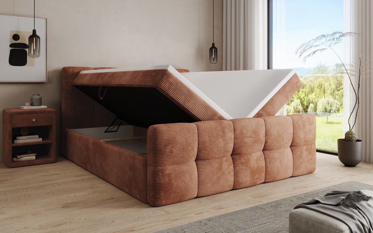 Cozy box spring bed in Corduroy with storage