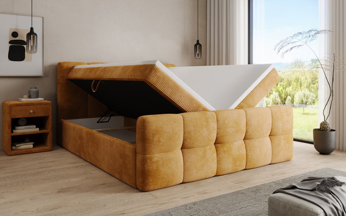 Cozy box spring bed in Corduroy with storage