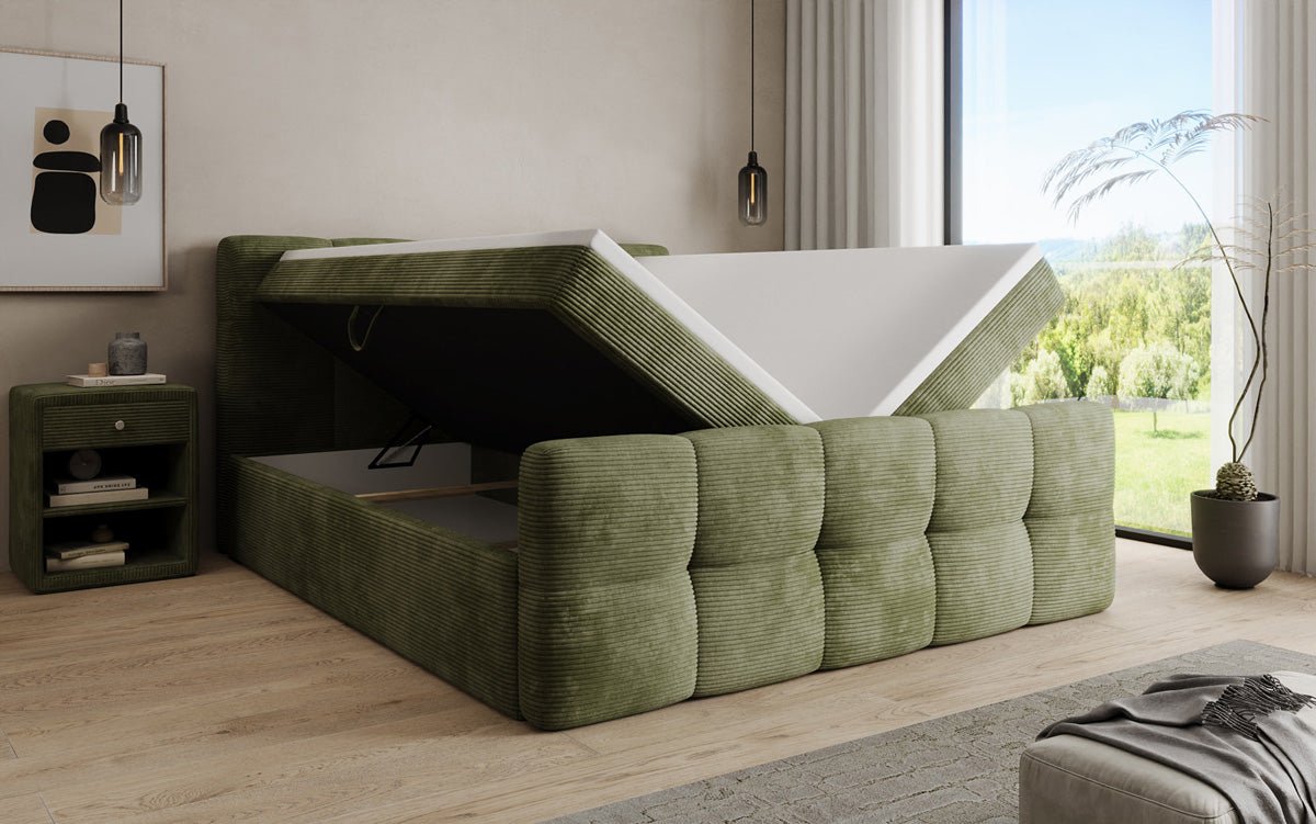 Cozy box spring bed in Corduroy with storage