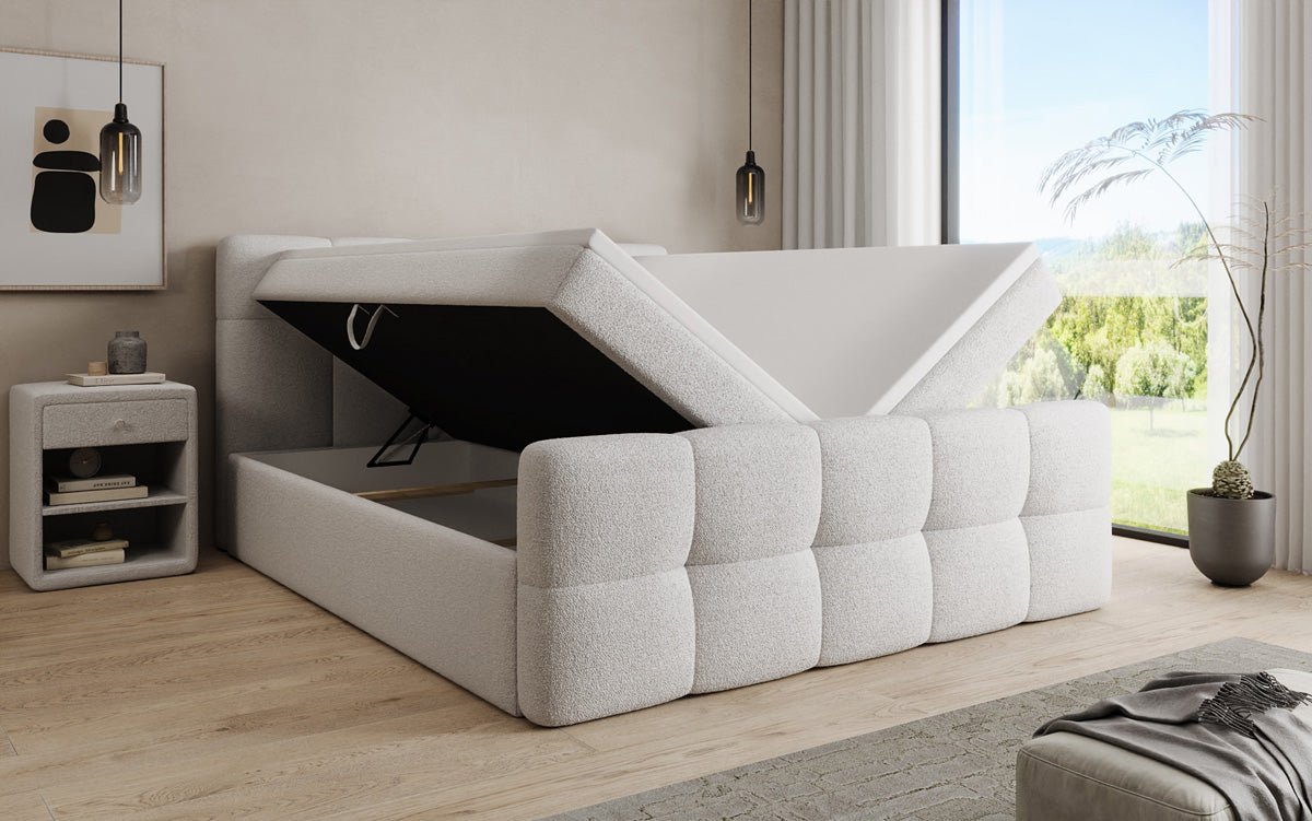 Box spring bed Cozy in teddy boucle with storage space
