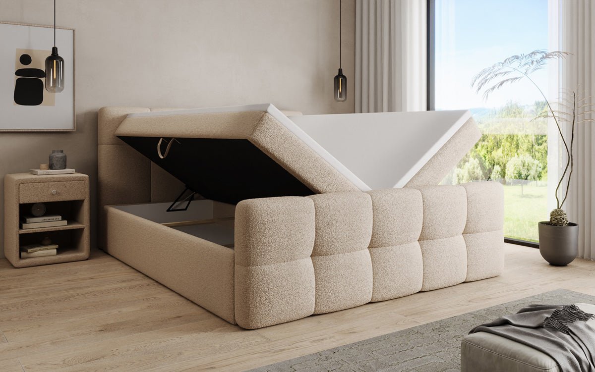 Box spring bed Cozy in teddy boucle with storage space