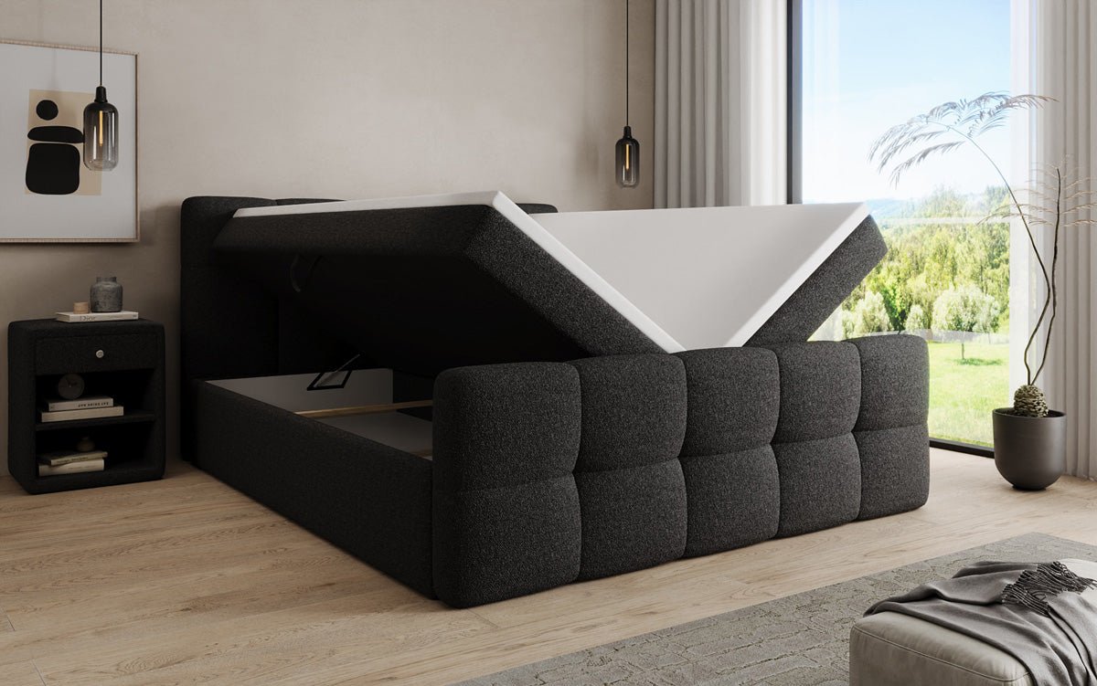 Box spring bed Cozy in teddy boucle with storage space