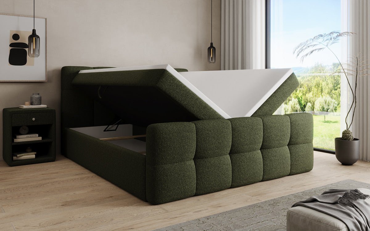 Box spring bed Cozy in teddy boucle with storage space