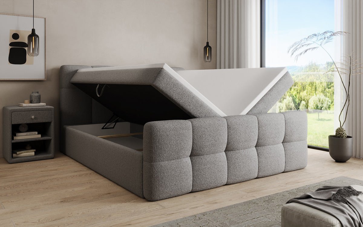 Box spring bed Cozy in teddy boucle with storage space