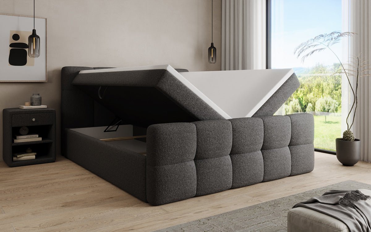Box spring bed Cozy in teddy boucle with storage space
