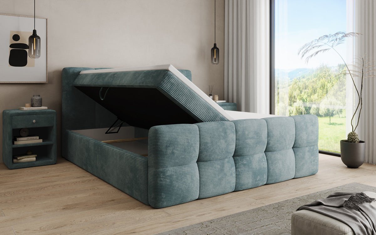 Cozy box spring bed in Corduroy with storage