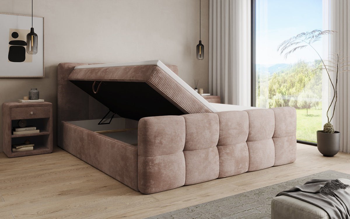 Cozy box spring bed in Corduroy with storage