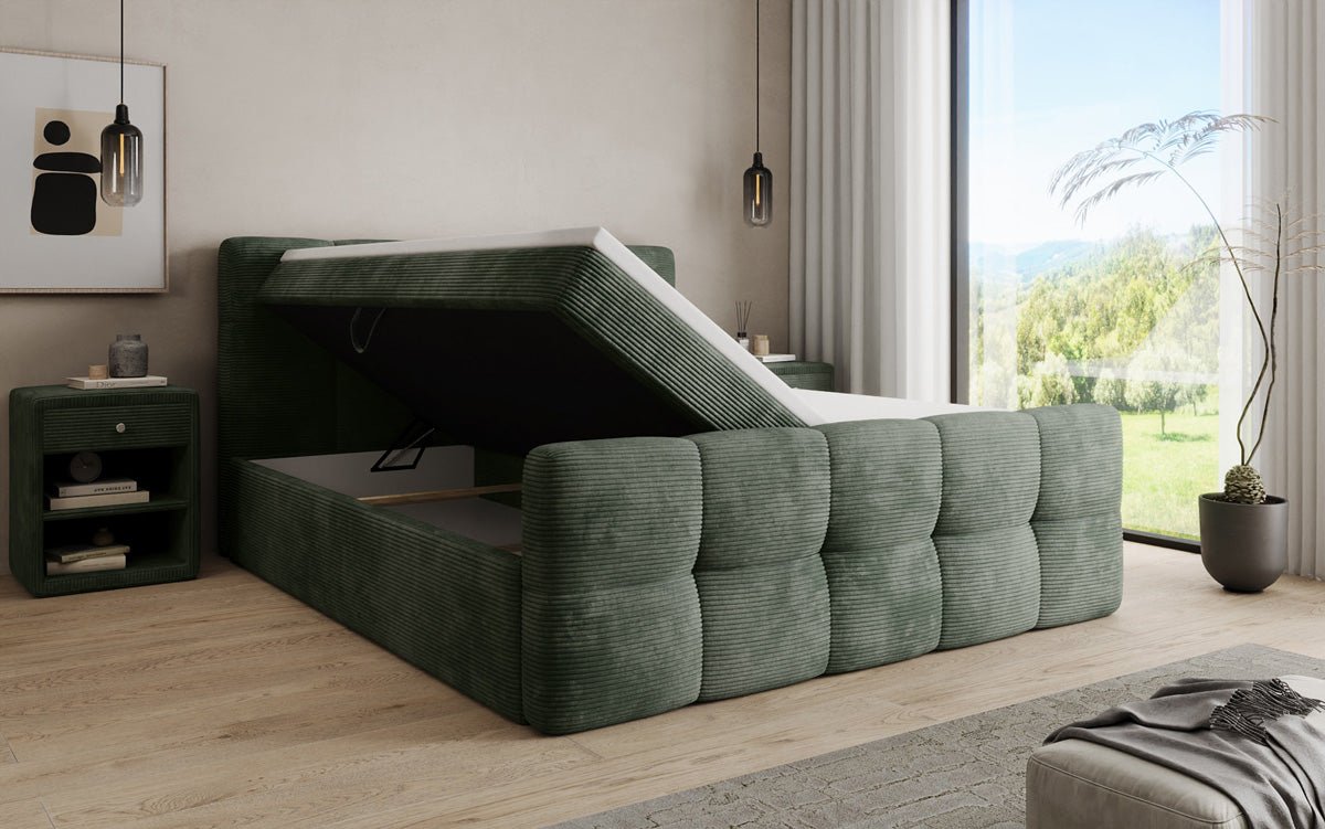 Cozy box spring bed in Corduroy with storage
