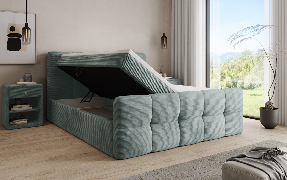 Cozy box spring bed in Corduroy with storage