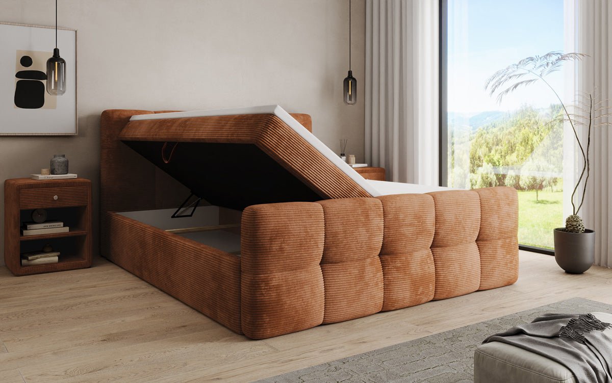 Cozy box spring bed in Corduroy with storage