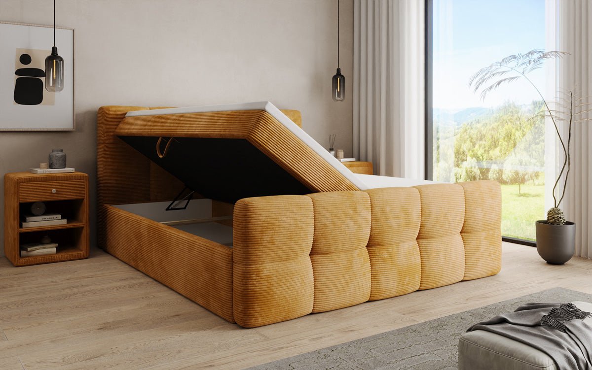 Cozy box spring bed in Corduroy with storage