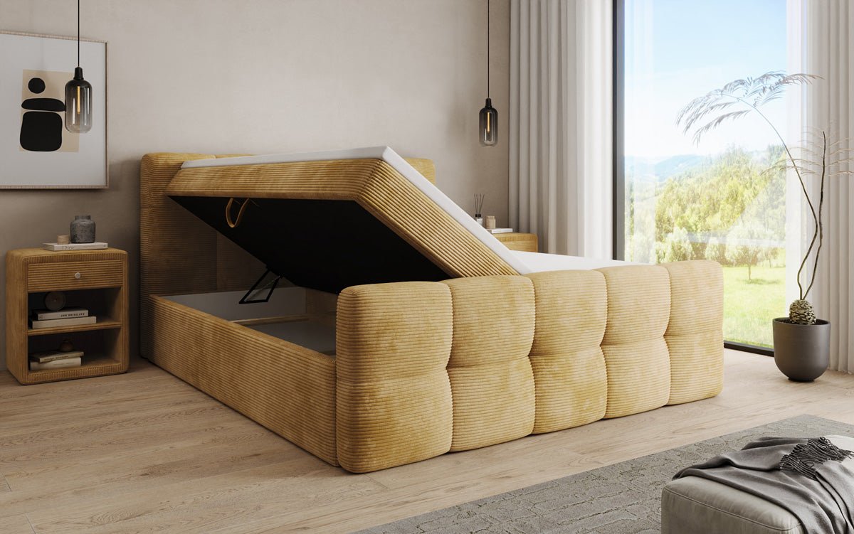 Cozy box spring bed in Corduroy with storage