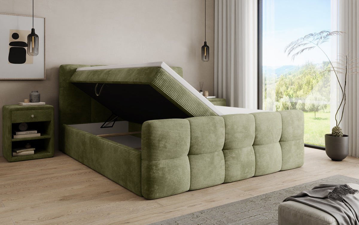 Cozy box spring bed in Corduroy with storage
