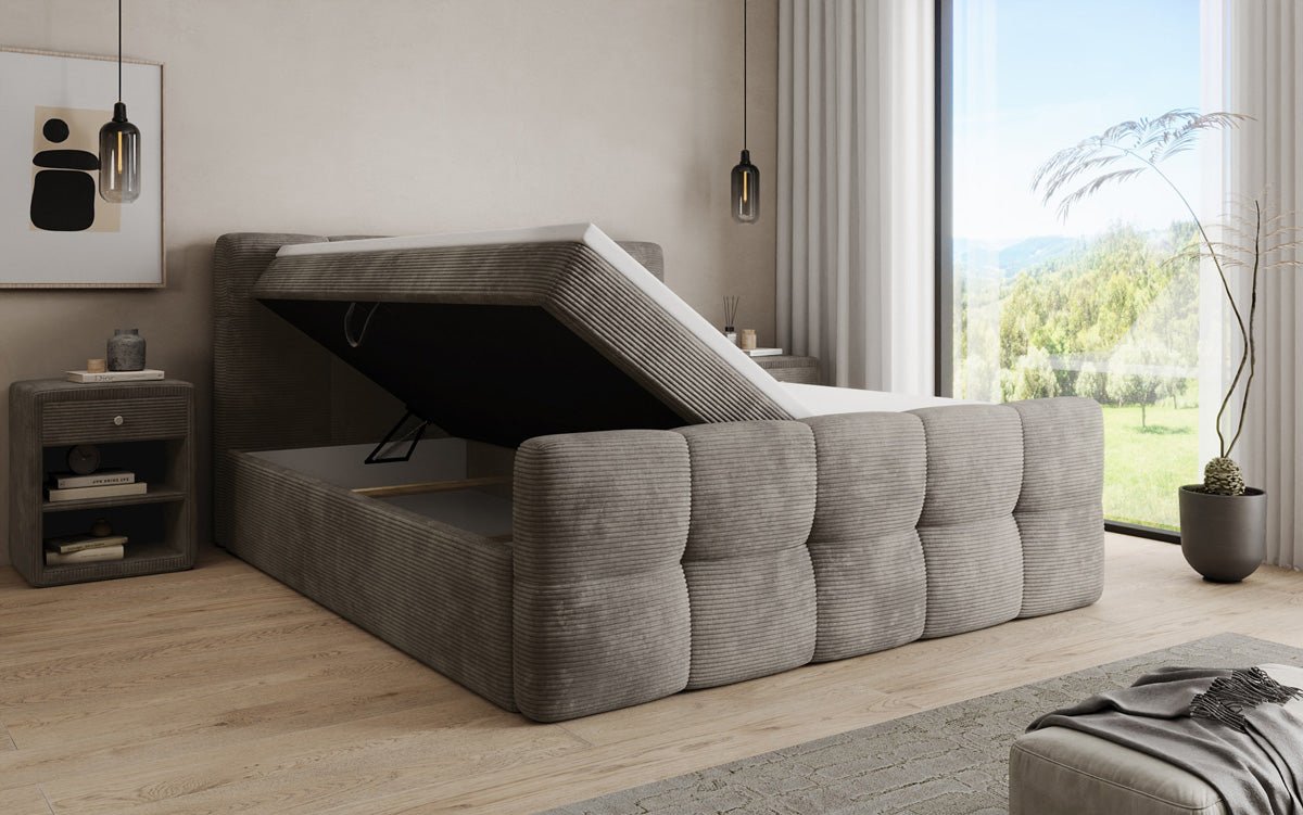 Cozy box spring bed in Corduroy with storage