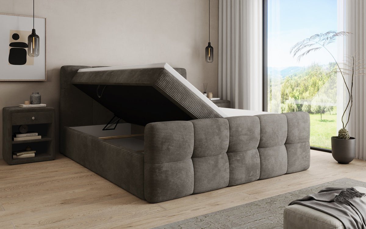 Cozy box spring bed in Corduroy with storage