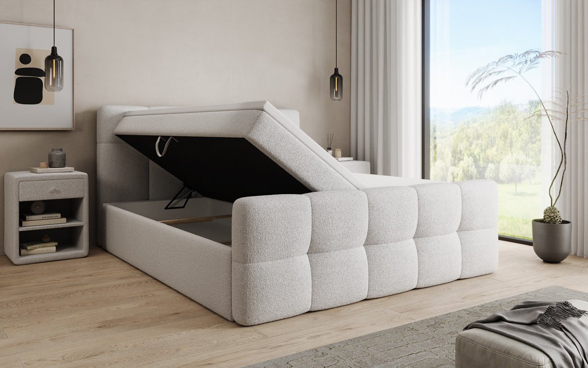 Box spring bed Cozy in teddy boucle with storage space