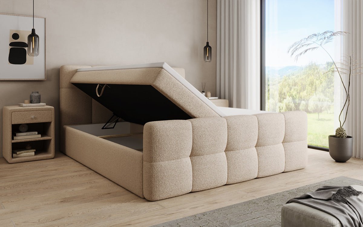 Box spring bed Cozy in teddy boucle with storage space