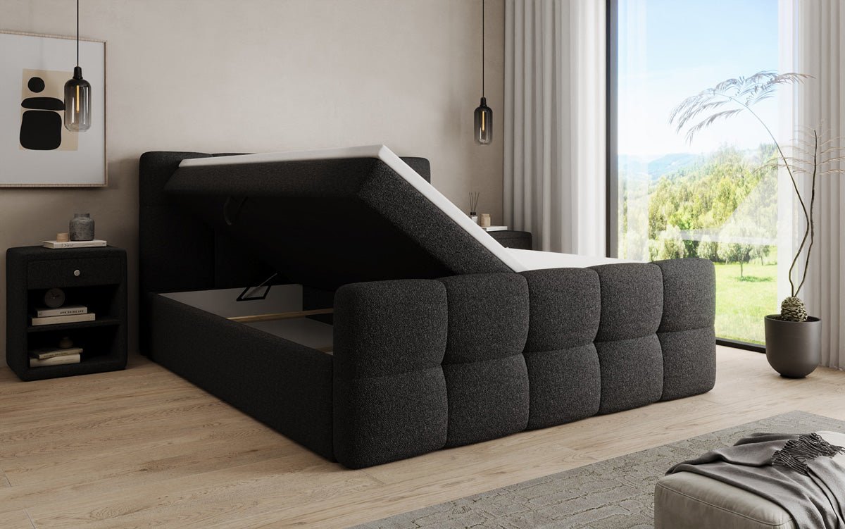 Box spring bed Cozy in teddy boucle with storage space