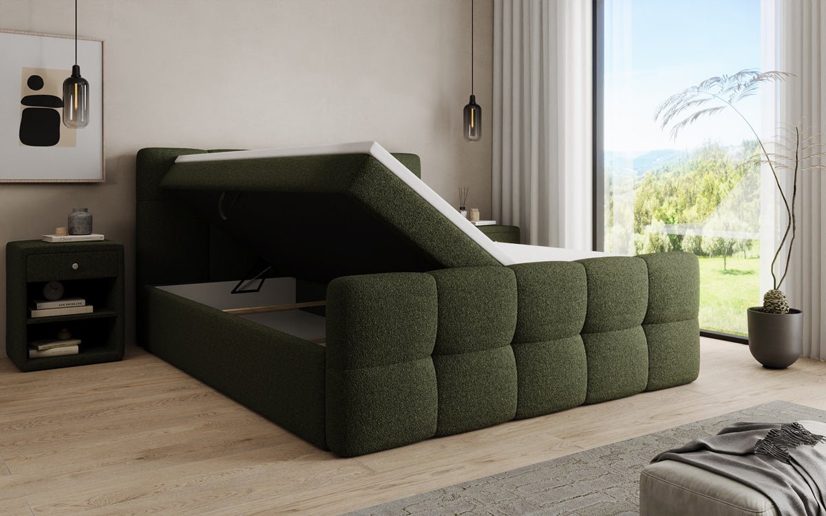 Box spring bed Cozy in teddy boucle with storage space